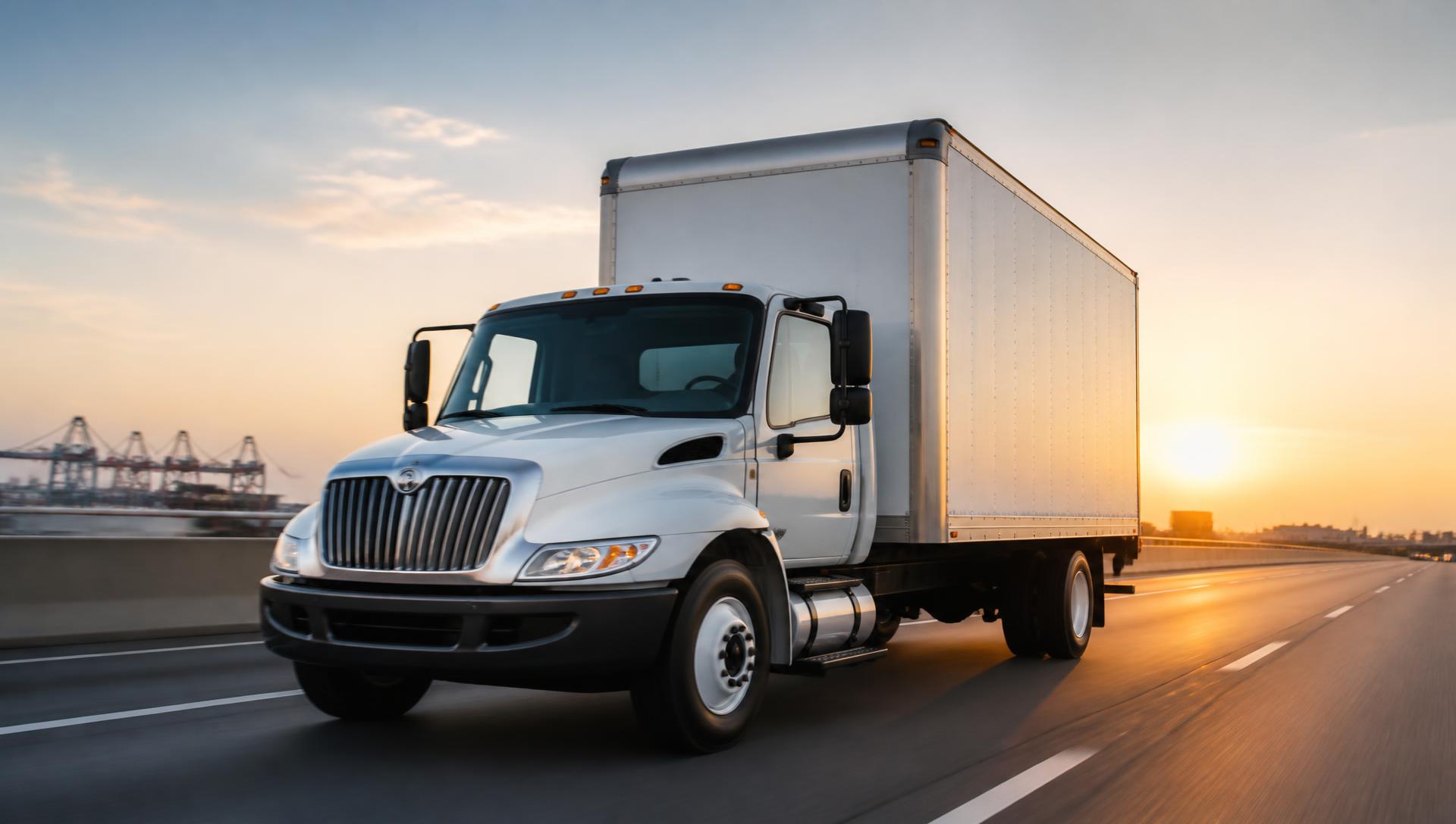 Modern 24 to 26 foot commercial box truck on a highway near a freight port at sunset