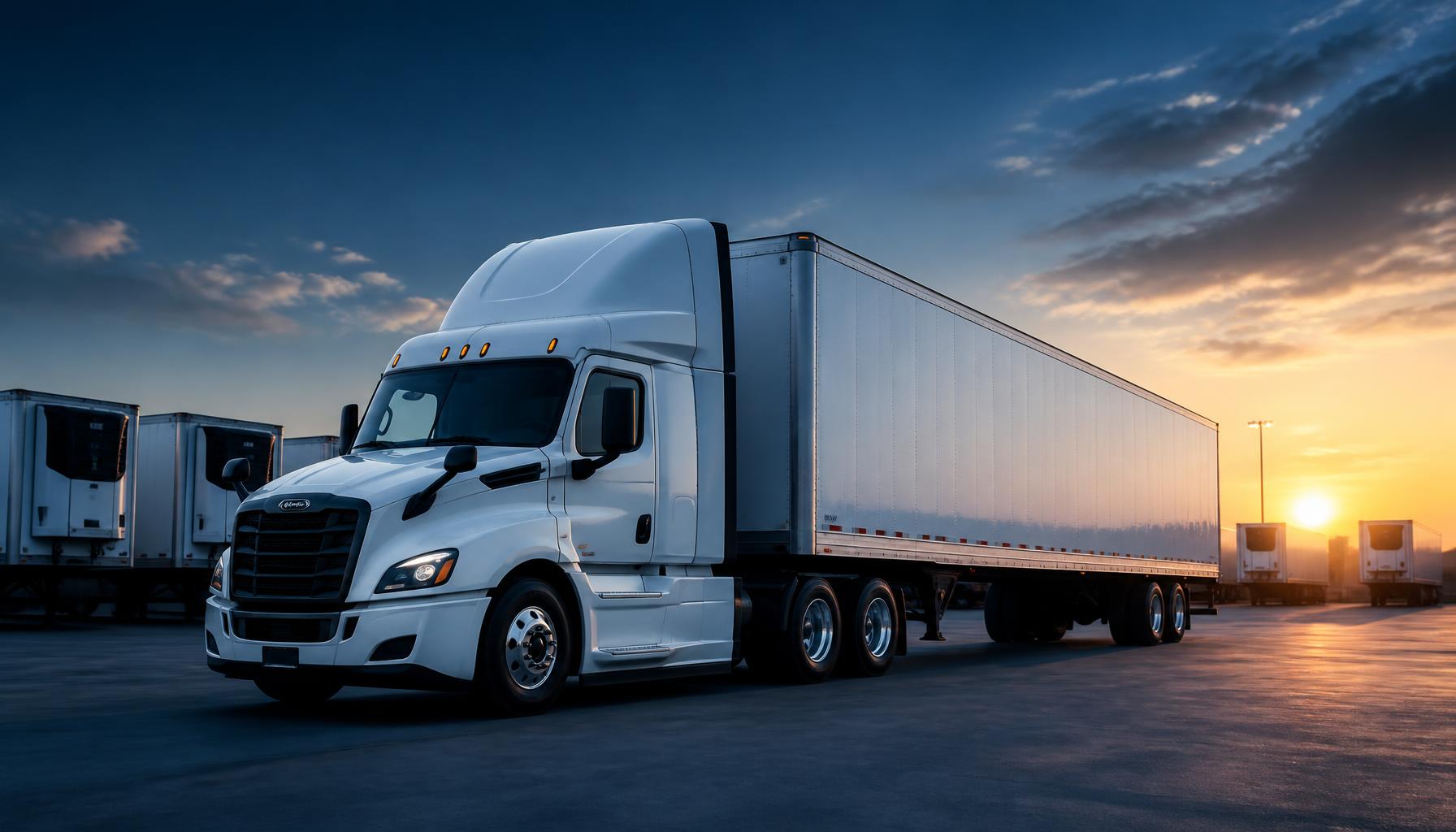 Modern white 53-foot dry van semi trailer in a freight logistics yard at sunset