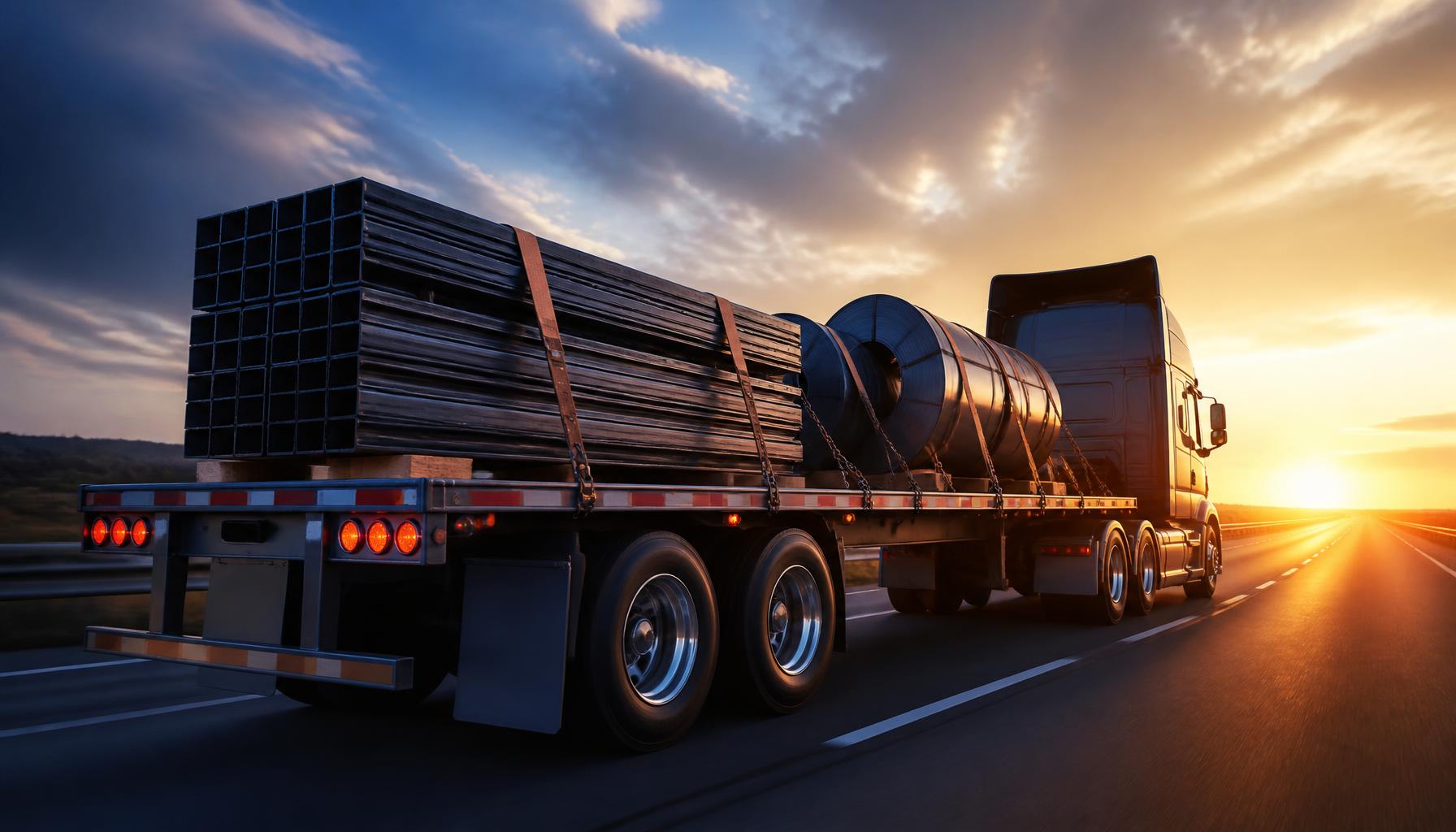 Modern flatbed semi-trailer hauling secured industrial cargo on a highway at sunset