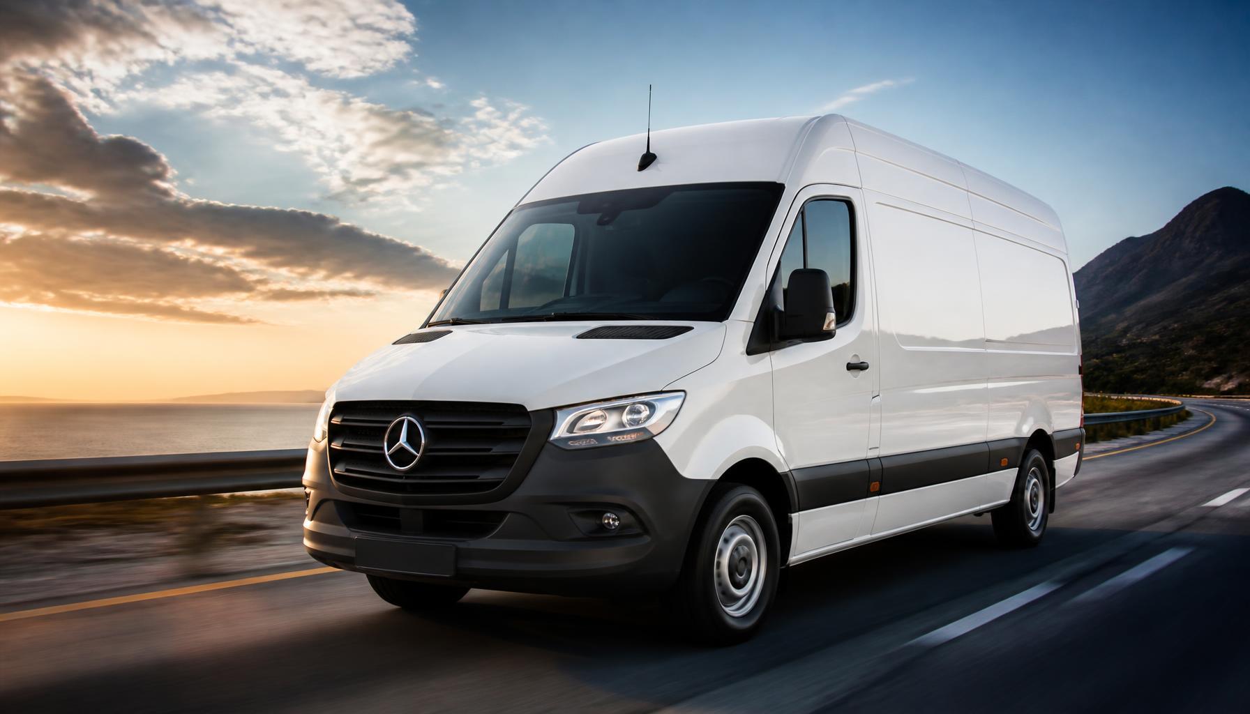 Modern commercial Sprinter cargo van driving on a highway